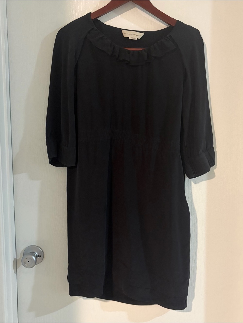 Stella McCartney Black Silk Ruffle-Neck Shift Dress size 6
